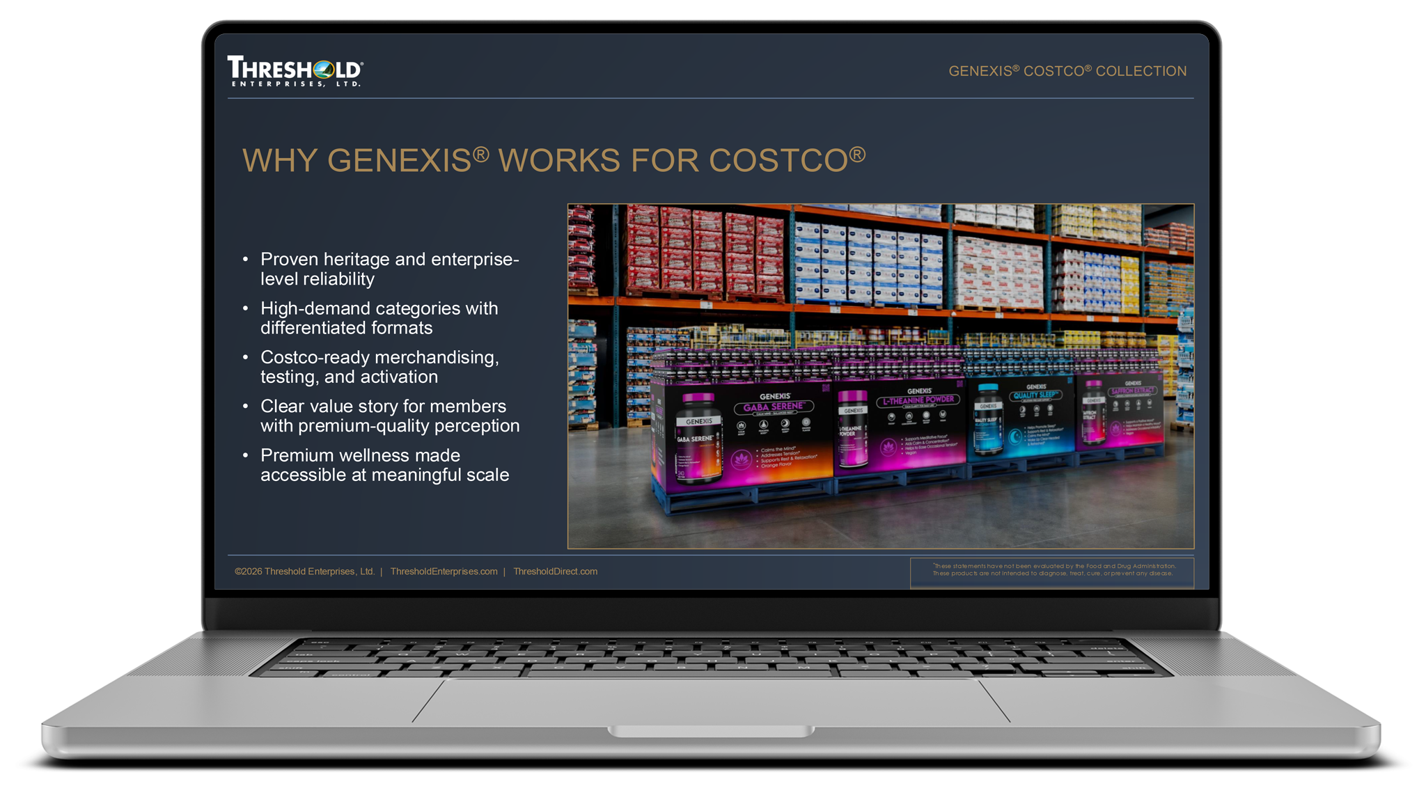 Genexis Costco sell-in presentation showing pallet displays in a Costco warehouse environment.
