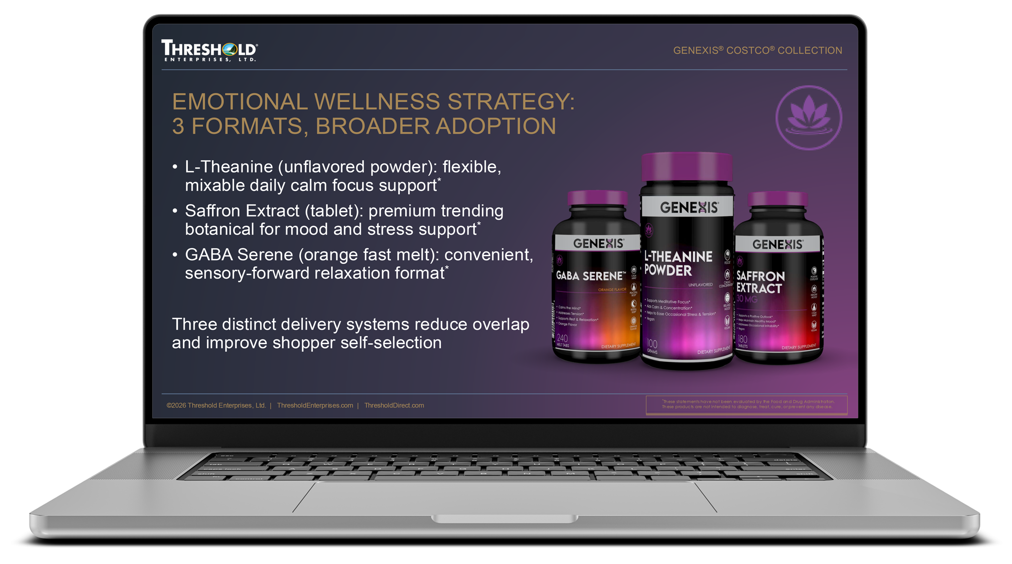 Genexis emotional wellness strategy presentation showing three product formats for Costco.