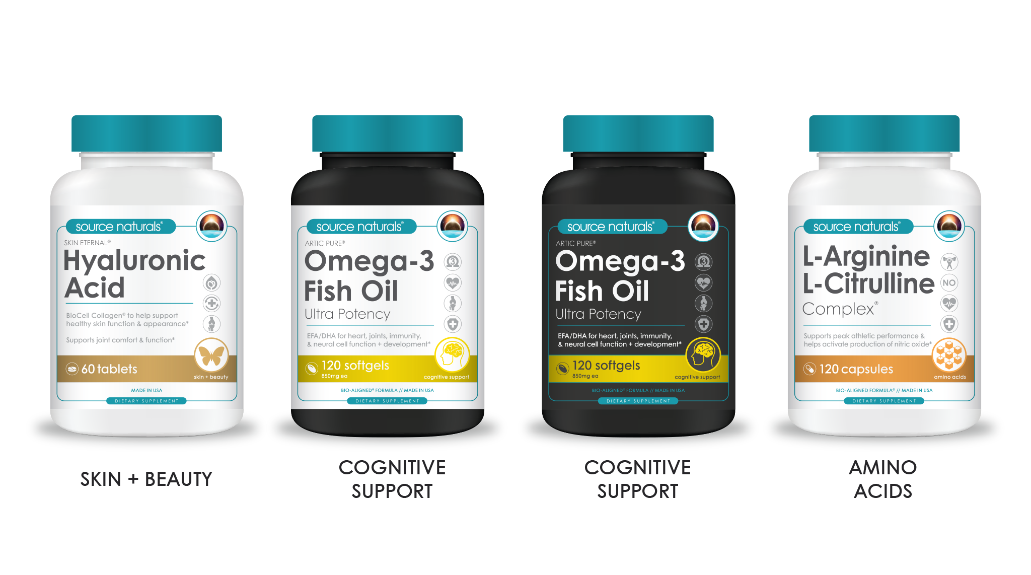 Source Naturals packaging examples for skin and beauty, cognitive support, and amino acids.