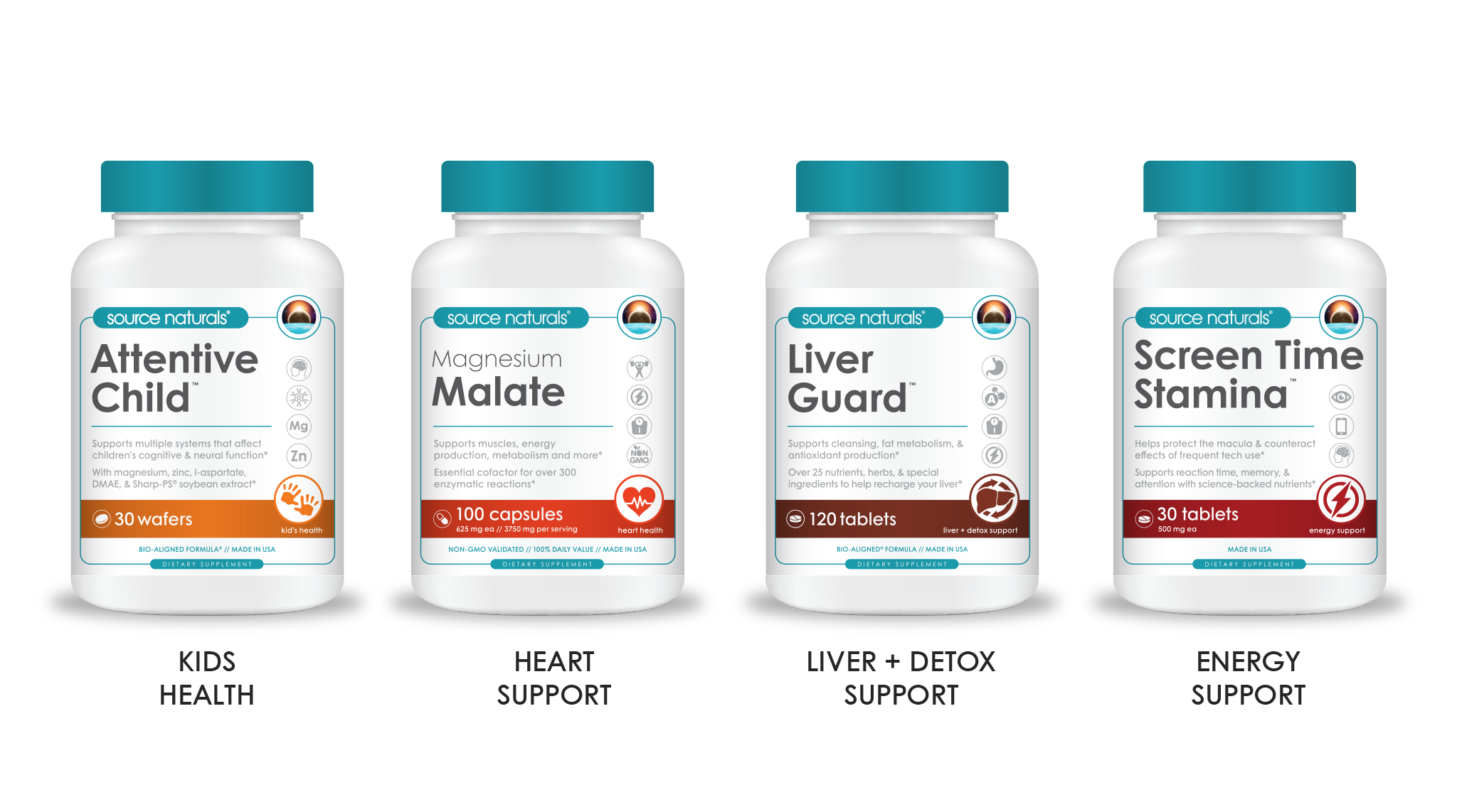 Source Naturals packaging examples for kids health, heart support, liver and detox support, and energy support.
