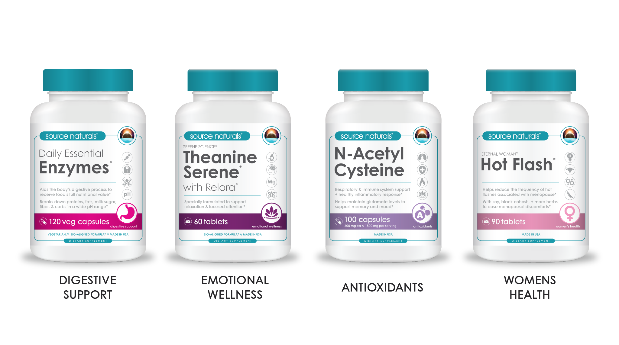 Source Naturals packaging examples for digestive support, emotional wellness, antioxidants, and women's health.