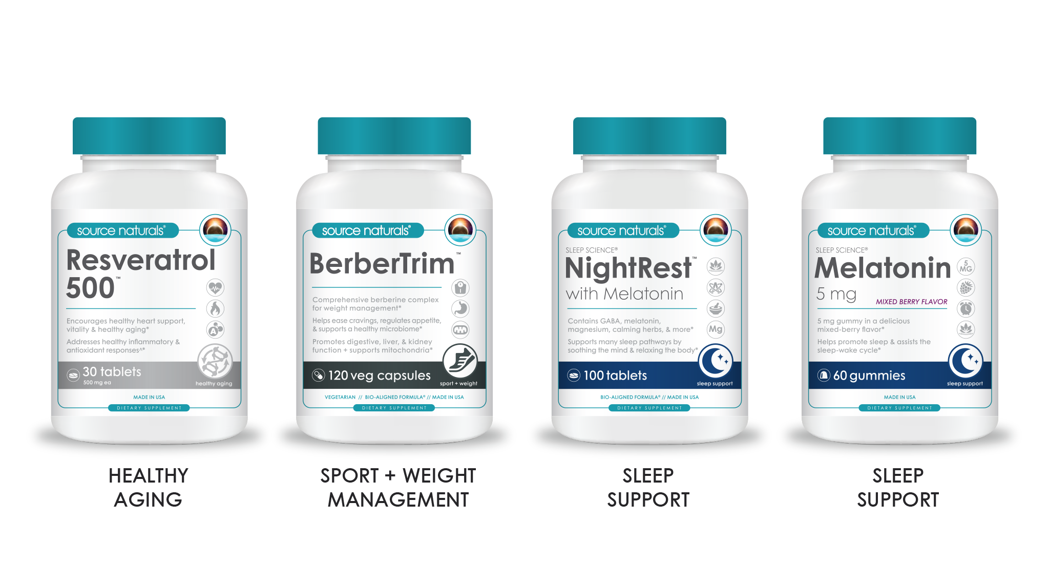 Source Naturals packaging examples for healthy aging, sport and weight management, and sleep support.