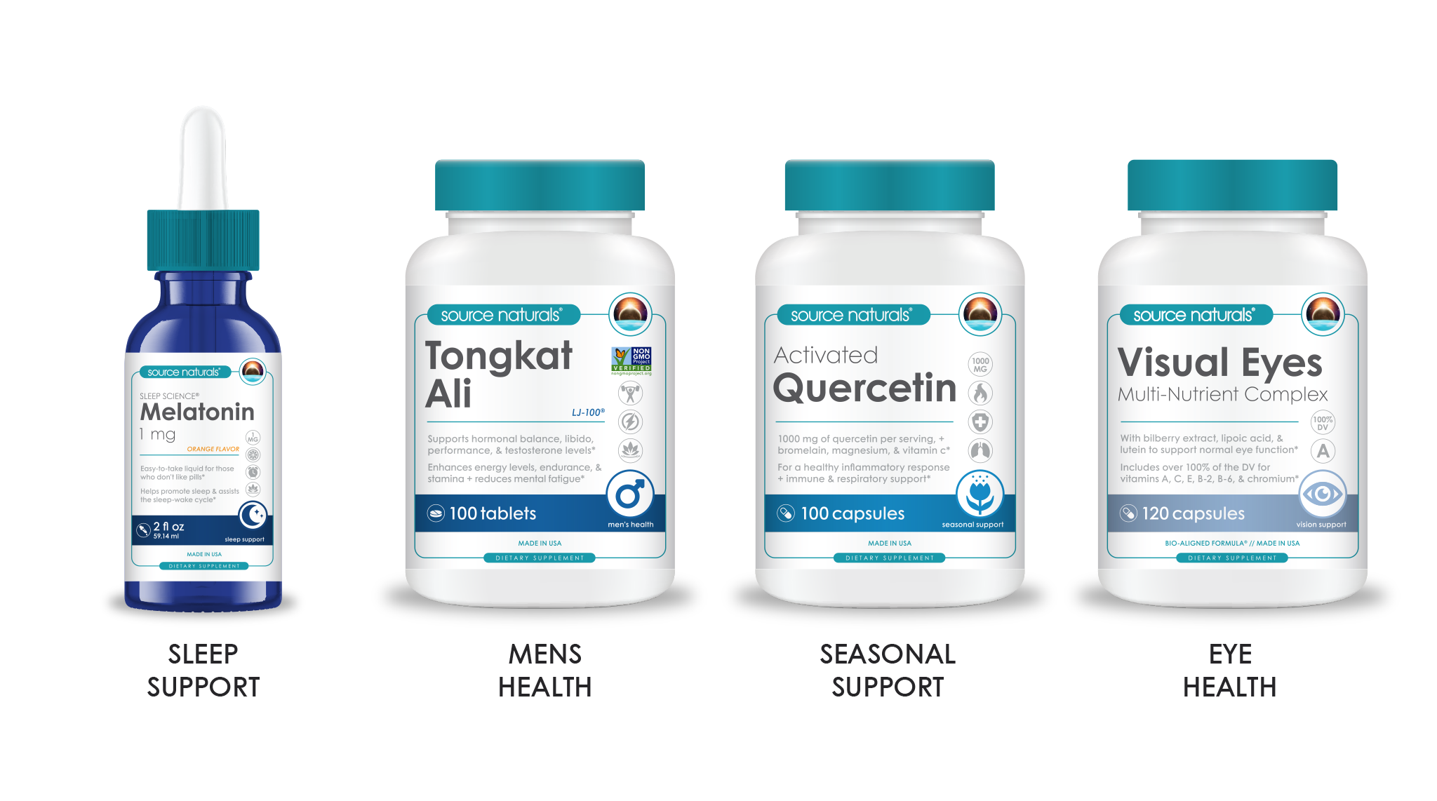 Source Naturals packaging examples for sleep support, men's health, seasonal support, and eye health.