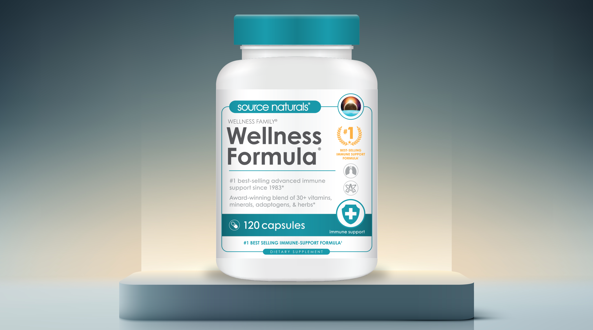 Source Naturals Wellness Formula packaging shown on a softly lit pedestal.