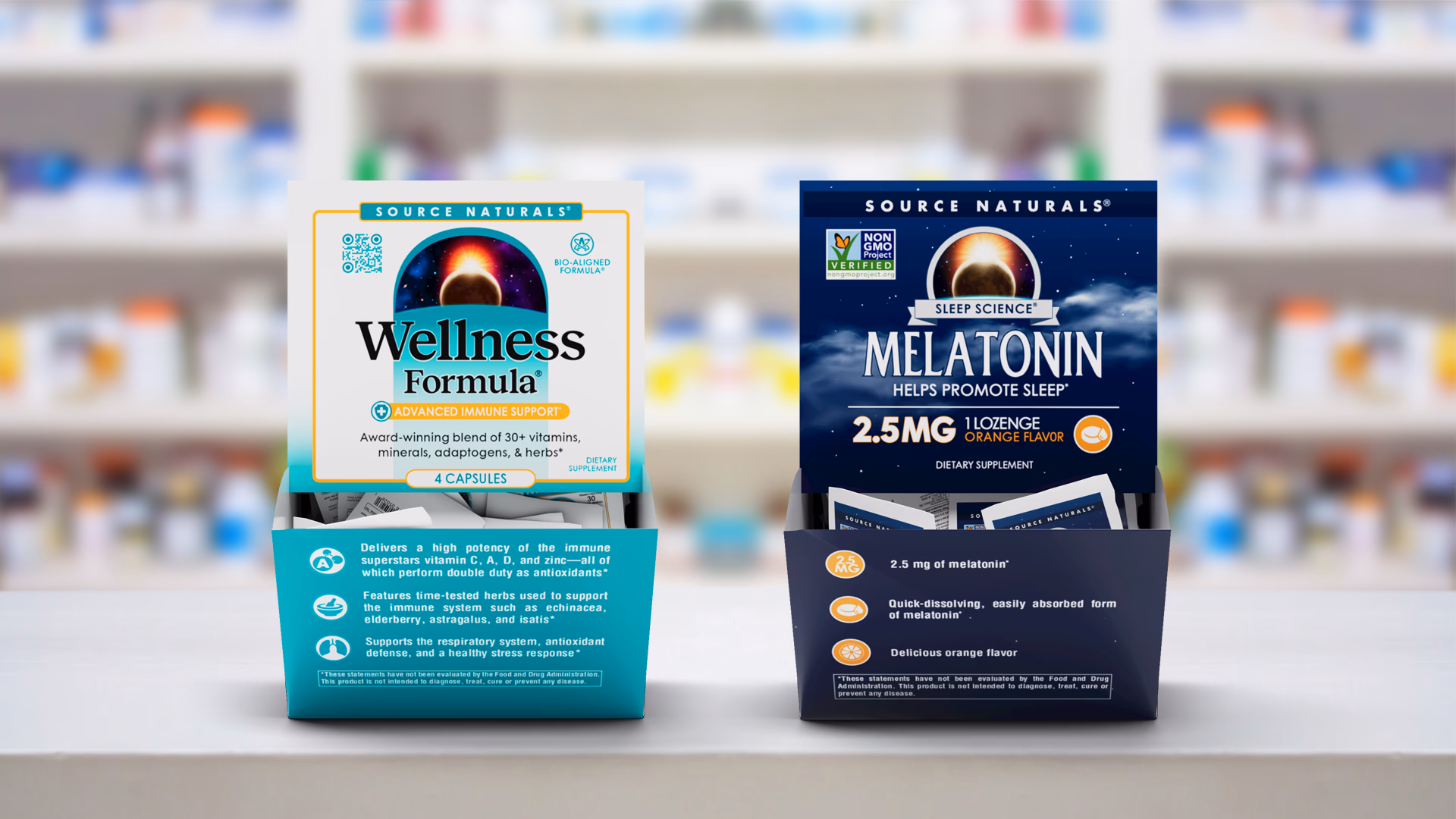 Modular floor display system for Source Naturals retail placement.